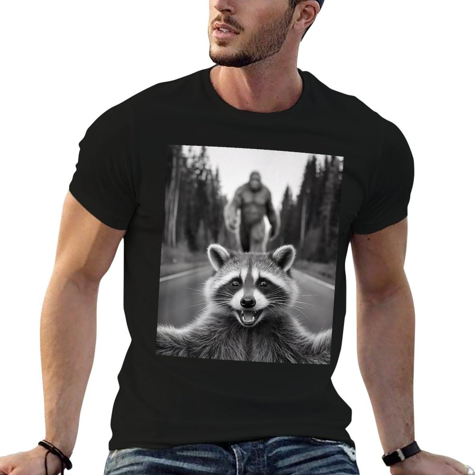 Scared Raccoon Selfie With Sasquatch Bigfoot , Funny Raccoon  Graphic-printed T-Shirt