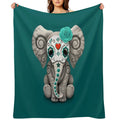 Teal Blue Day of The Dead Sugar Skull Baby Elephant Multi-functional Throw Blanket