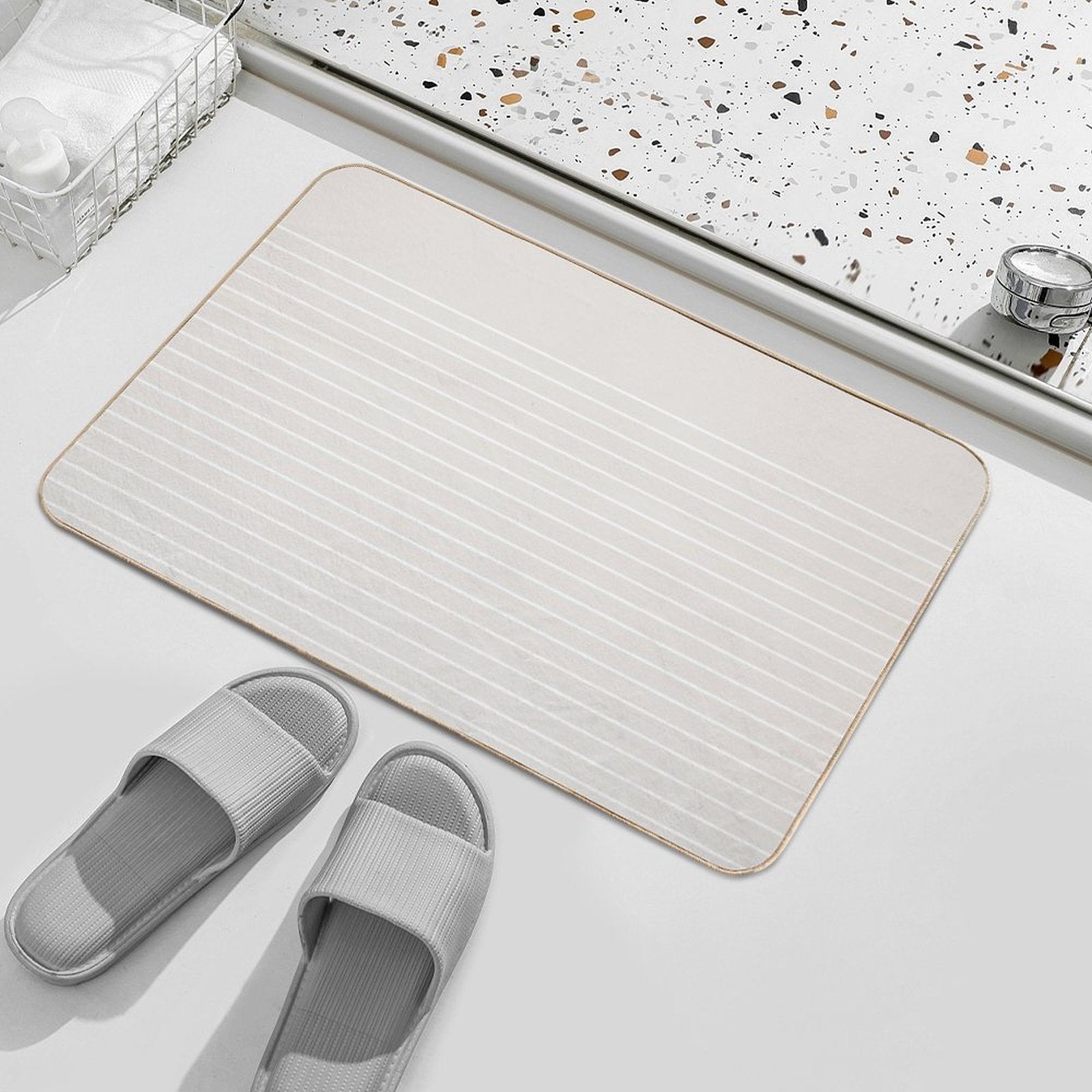 White Line in Beige  Non-Slip Bath Mat