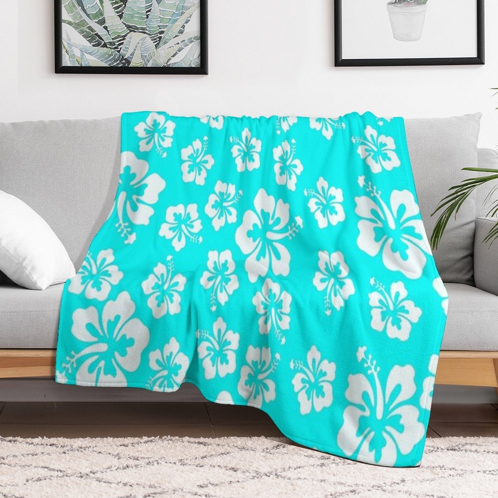 Bright Aqua Blue Hibiscus Hawaiian Flower Aloha Wrinkle-free Throw Blanket