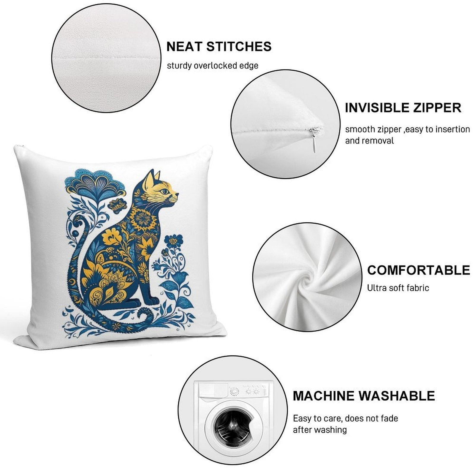 Ukraine Cat Floral Vintage Ukrainian Flag & Vyshyvanka Soft Reinforced Edging Throw Pillow