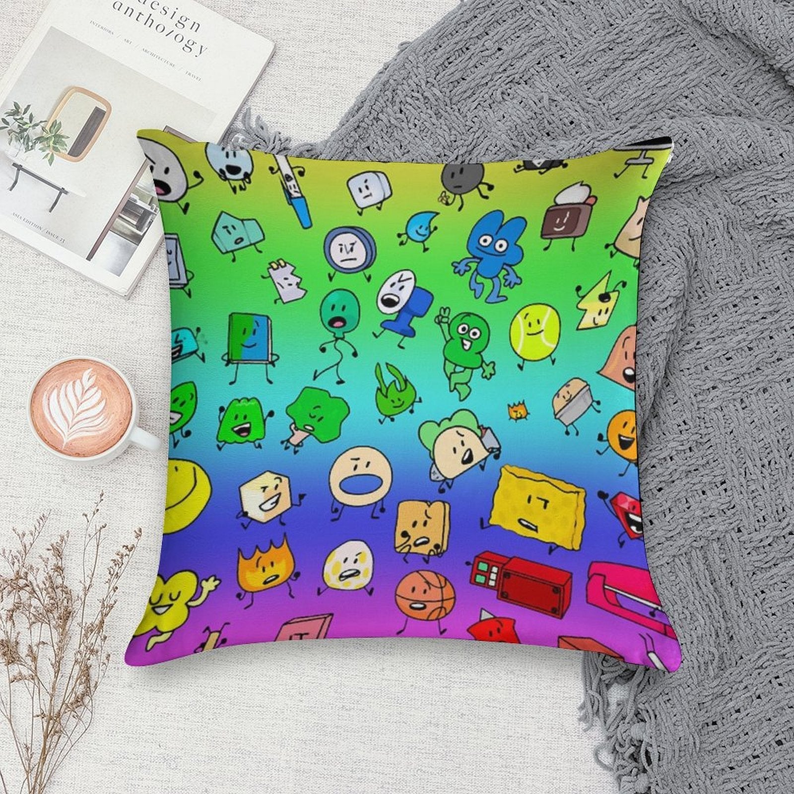 BFDI All Characters (Rainbow) Soft Washable Throw Pillow