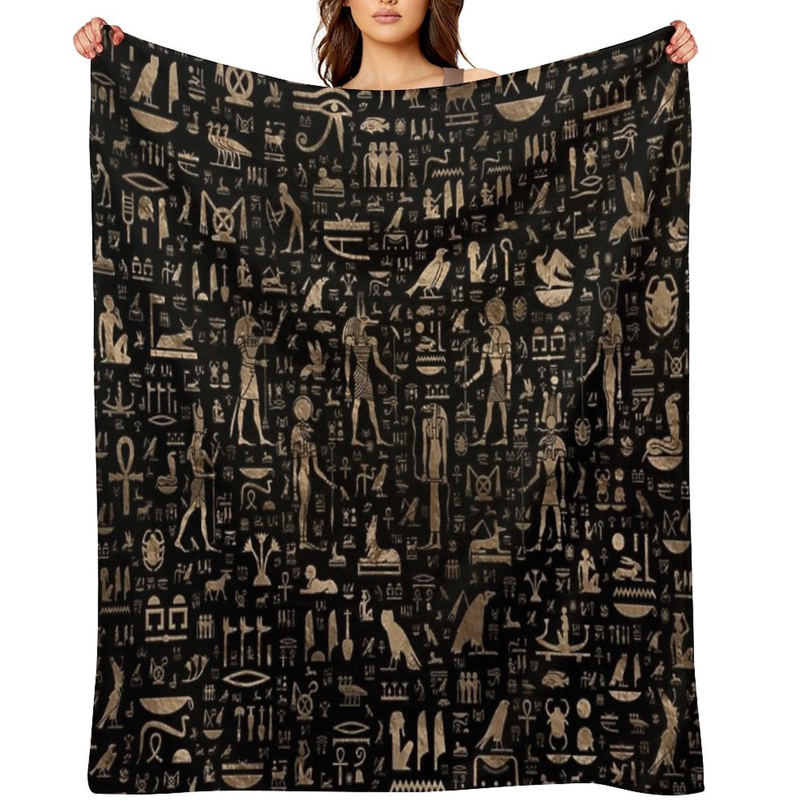 Ancient Egyptian Gods And Hieroglyphs - Black And Gold Versatility Throw Blanket