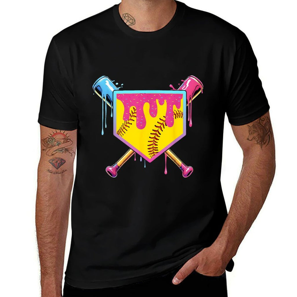 Softball Drip Girls Ice Cream Drip Home Plat Youth Game Day  Ribbed Collar T-Shirt