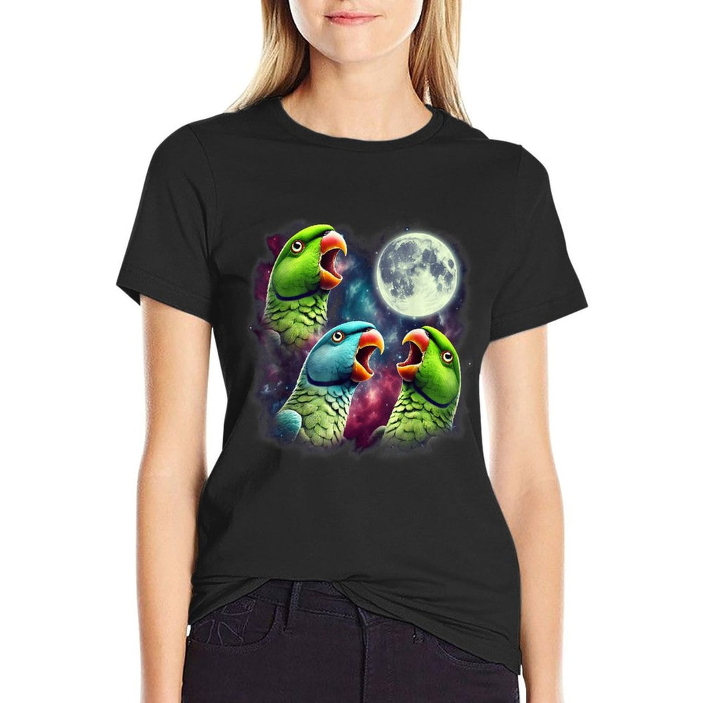 Three Indian Ringneck Parrots Howling at Moon Funny Meme  Oversized Silhouette T-Shirt
