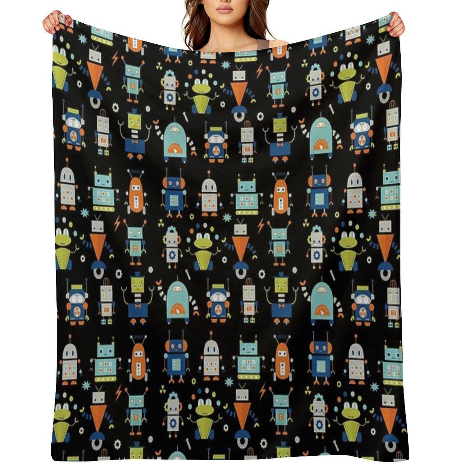 Robots Pattern Black Lightweight Throw Blanket