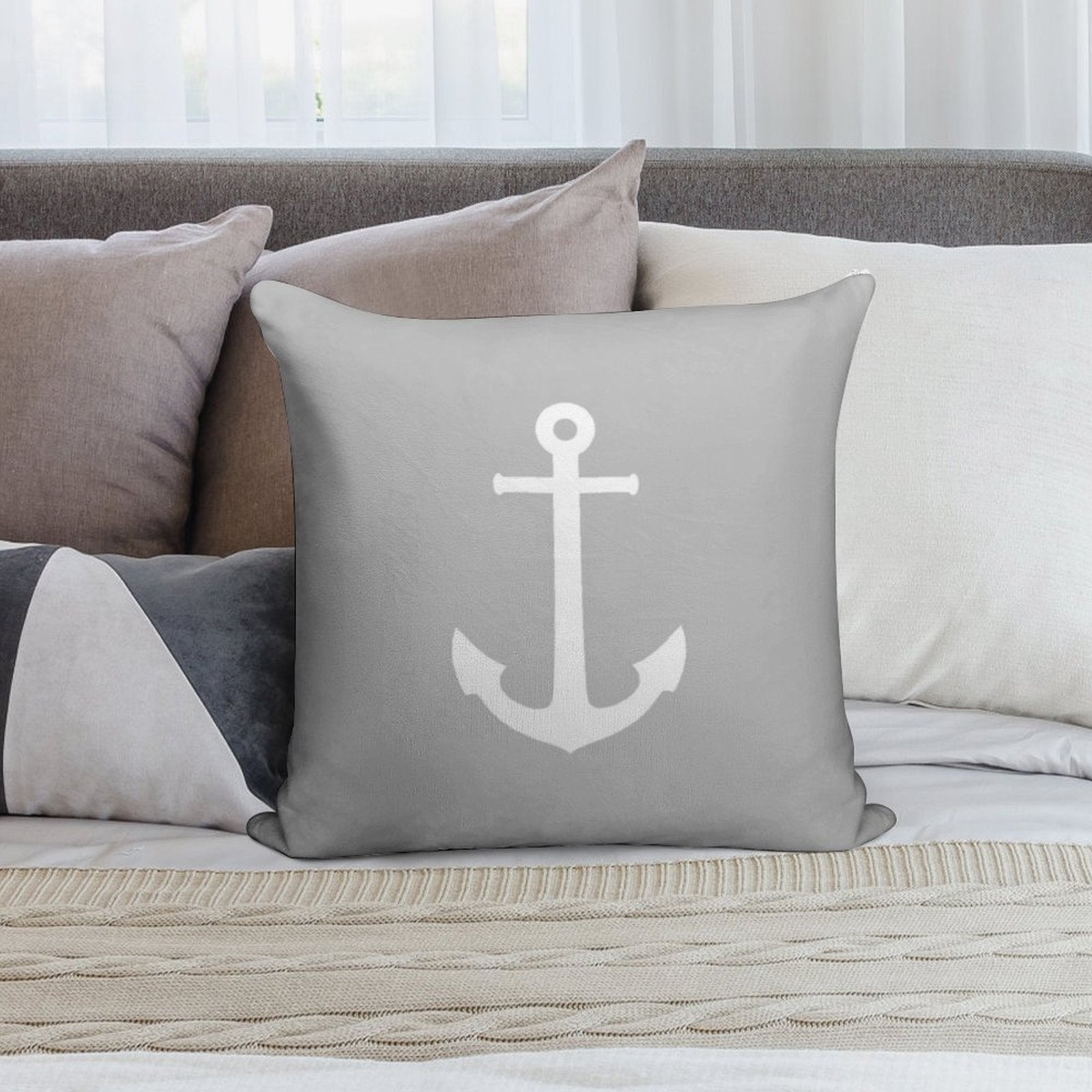 White Anchor On Silver Gray Soft Hidden Zipper Throw Pillow