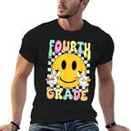 Hello Fourth Grade Smile Face Back to School Girls 4th Grade  Ribbed Collar T-Shirt