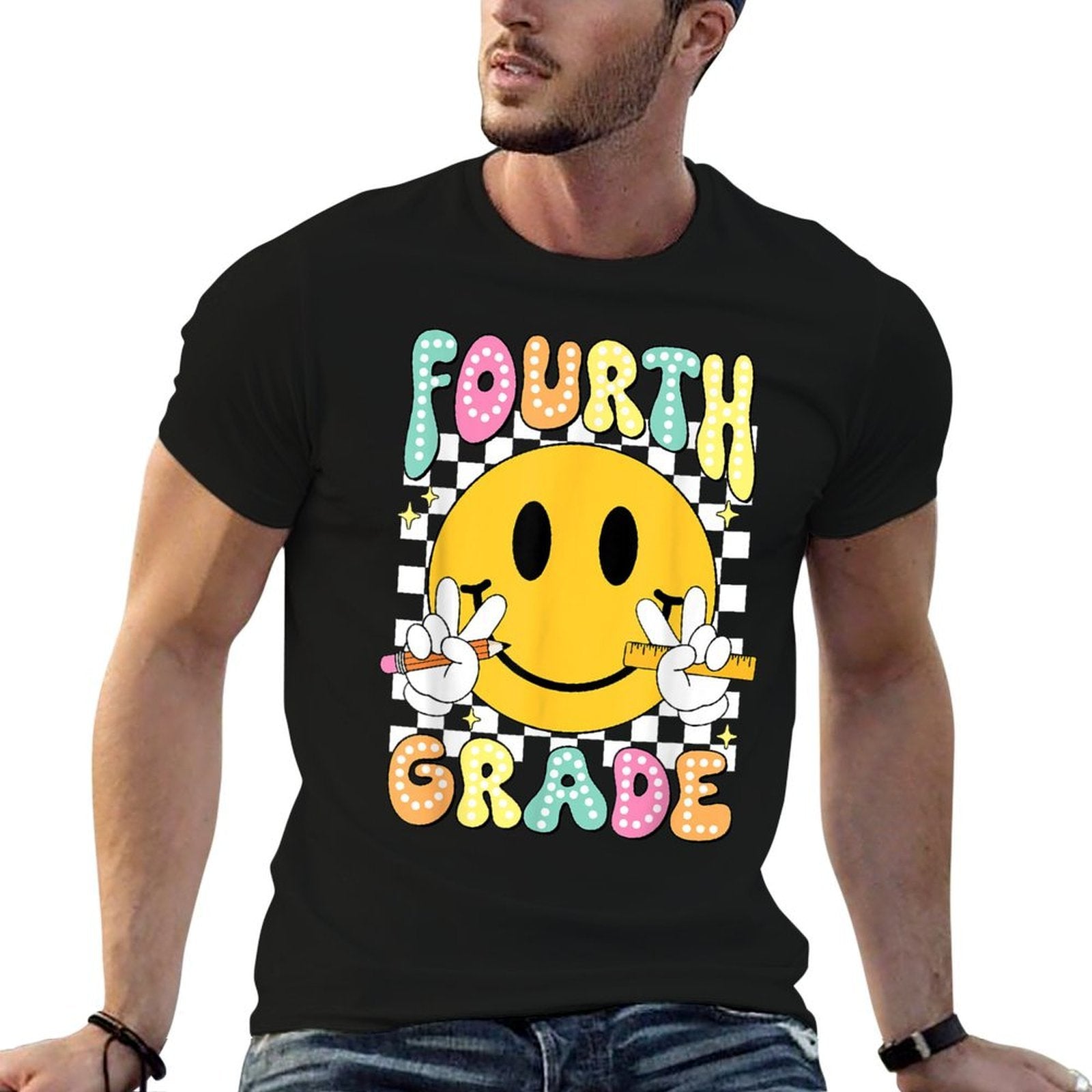 Hello Fourth Grade Smile Face Back to School Girls 4th Grade  Ribbed Collar T-Shirt