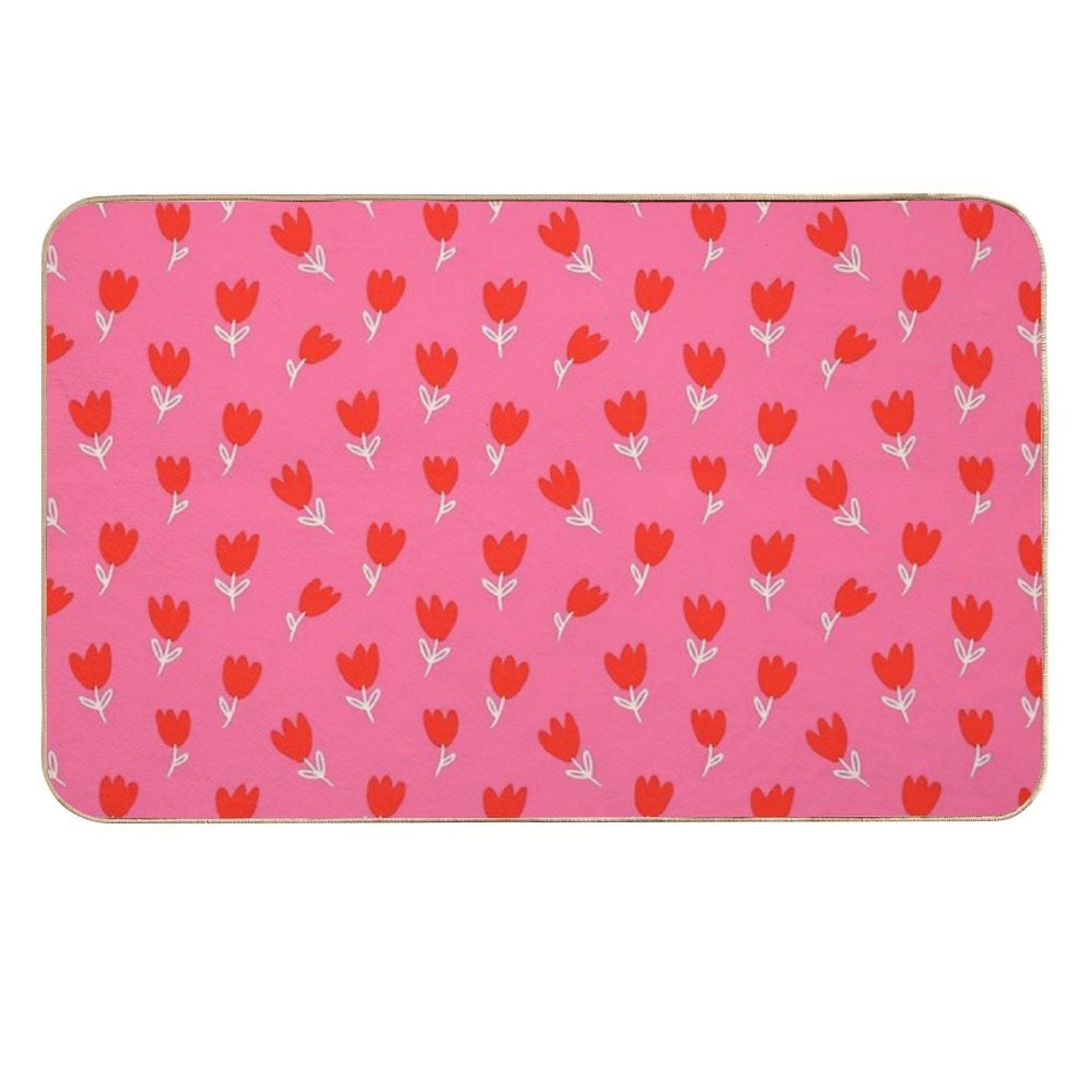 Red Tulips with White Leaves And Stems Drawn on A Pink Background.  Repositionable Bath Mat
