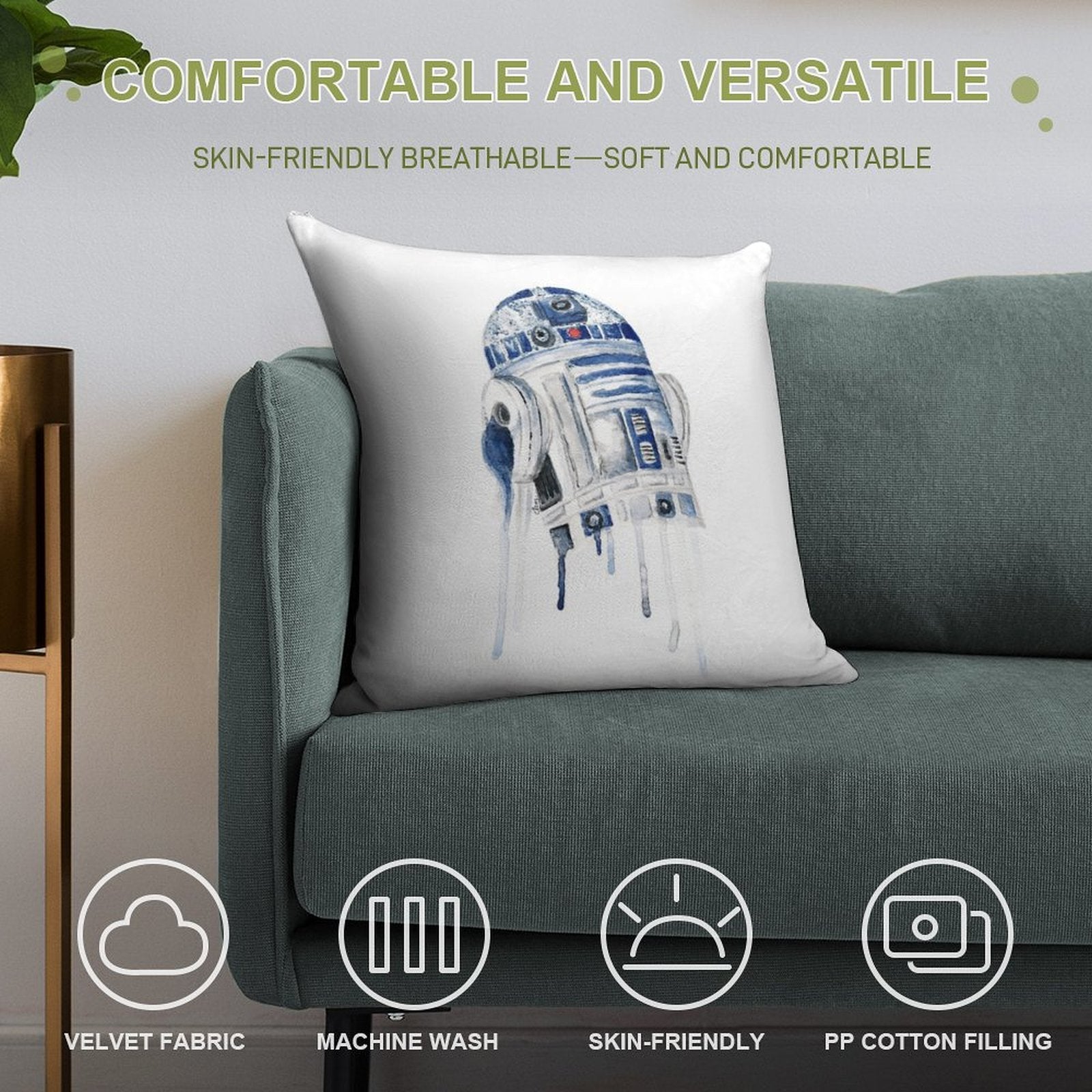 Star Wars Watercolour R2D2, Retro Droid Soft Hidden Zipper Throw Pillow
