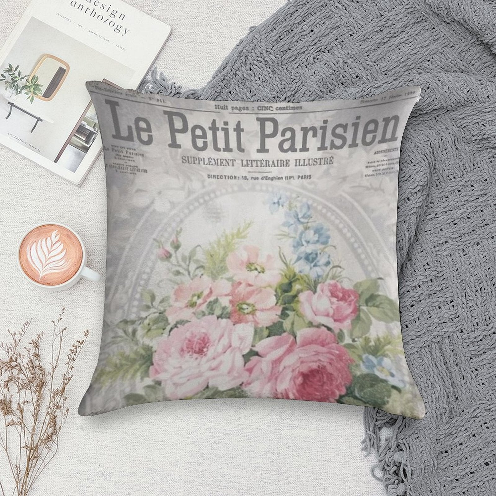 Vintage French Wallpaper, Shabby Chic Roses Soft Style Accent Throw Pillow