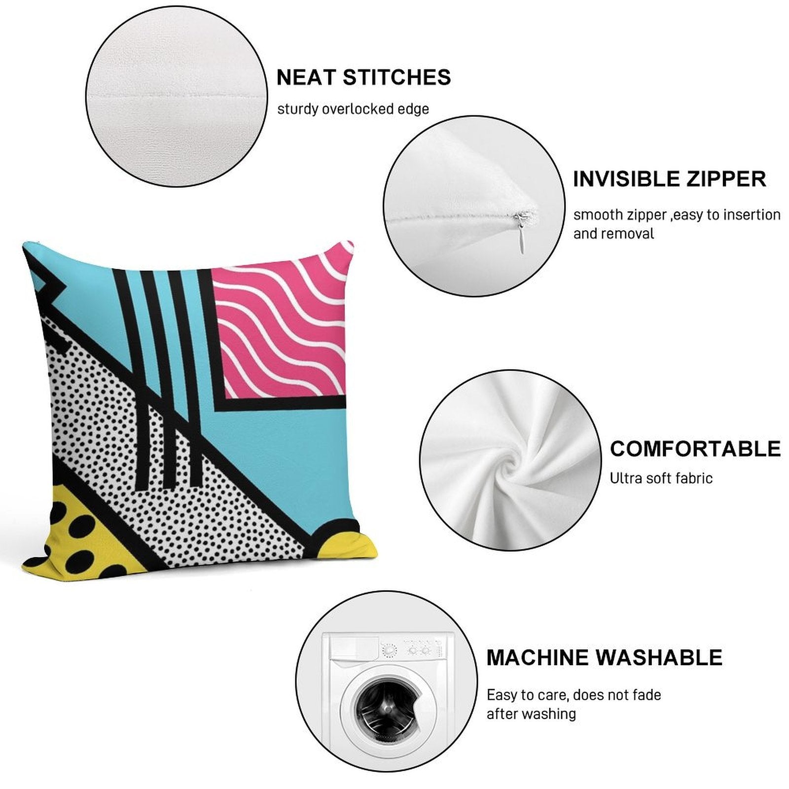 Abstract 80s Memphis Pop Art Style Graphics Soft Hidden Zipper Throw Pillow