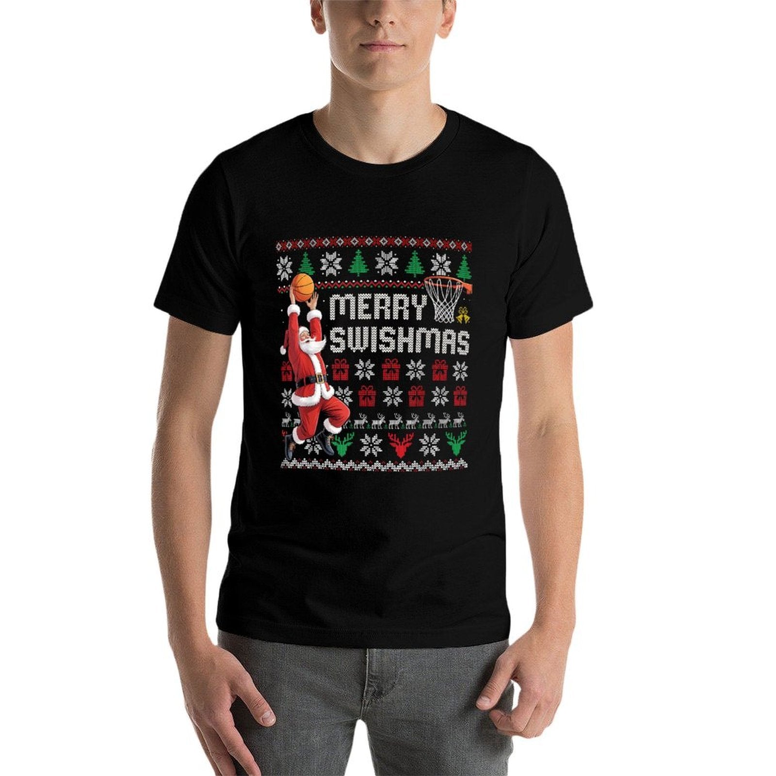 Merry Swishmas Basketball Ugly Christmas Sweater Men Boys  Slim-fit Cut T-Shirt