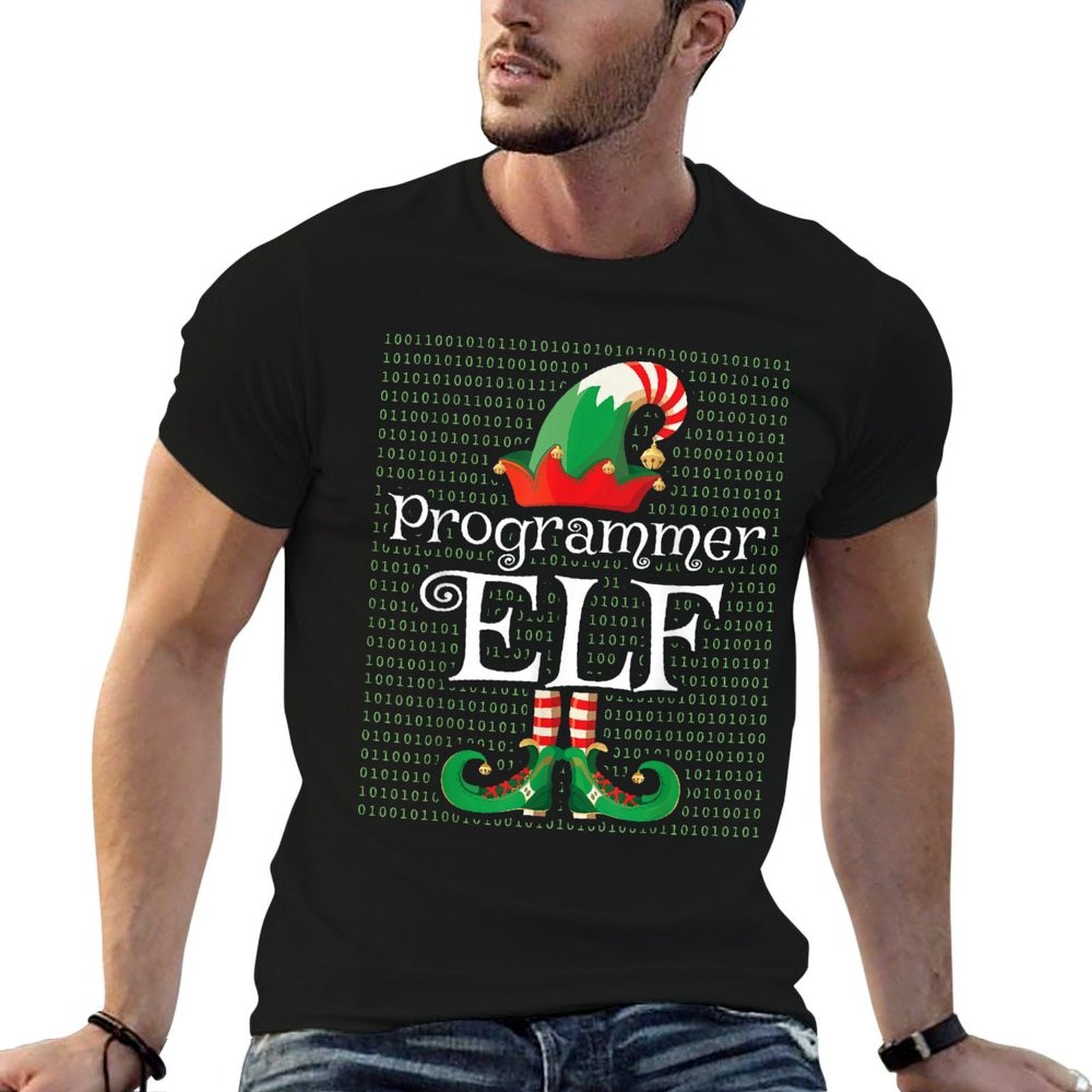 Programmer Elf Funny Costume Matching Elf Christmas  Ribbed Collar T-Shirt