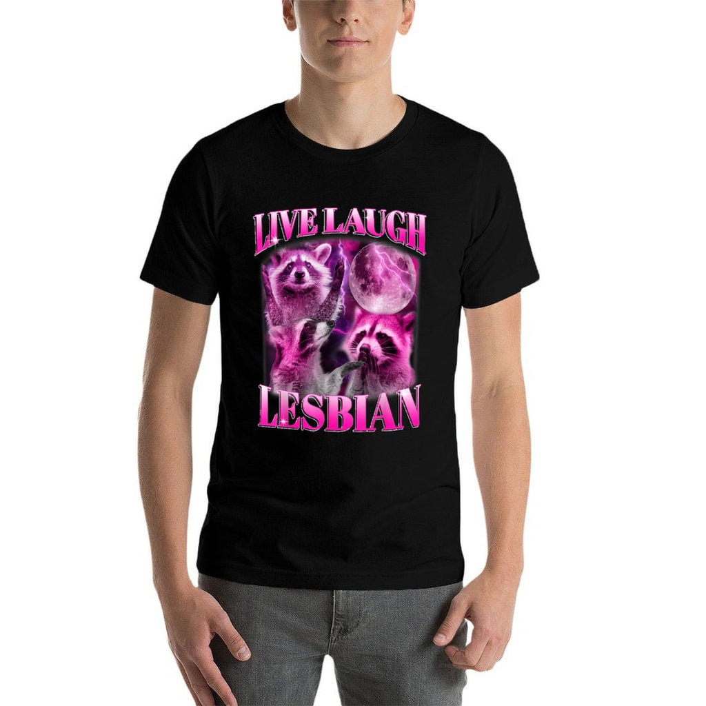 Funny Pink Raccoon Live Laugh Lesbian LGBTQ Pride Month  Lightweight T-Shirt