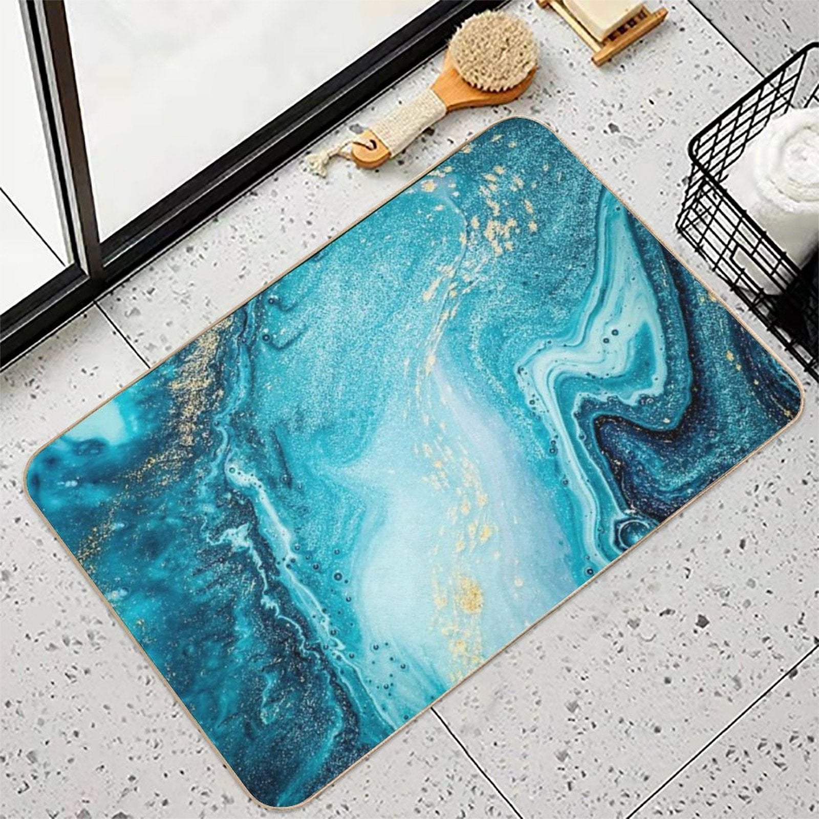 Blue & Gold Ocean Tides Abstract Art  Easy To Clean Bath Mat