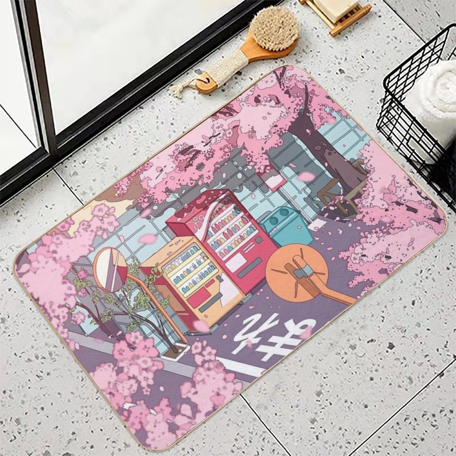 A Beautiful Aesthetic Tokyo Street And  The Pink Sakura Tree Blossom  Odorless Bath Mat