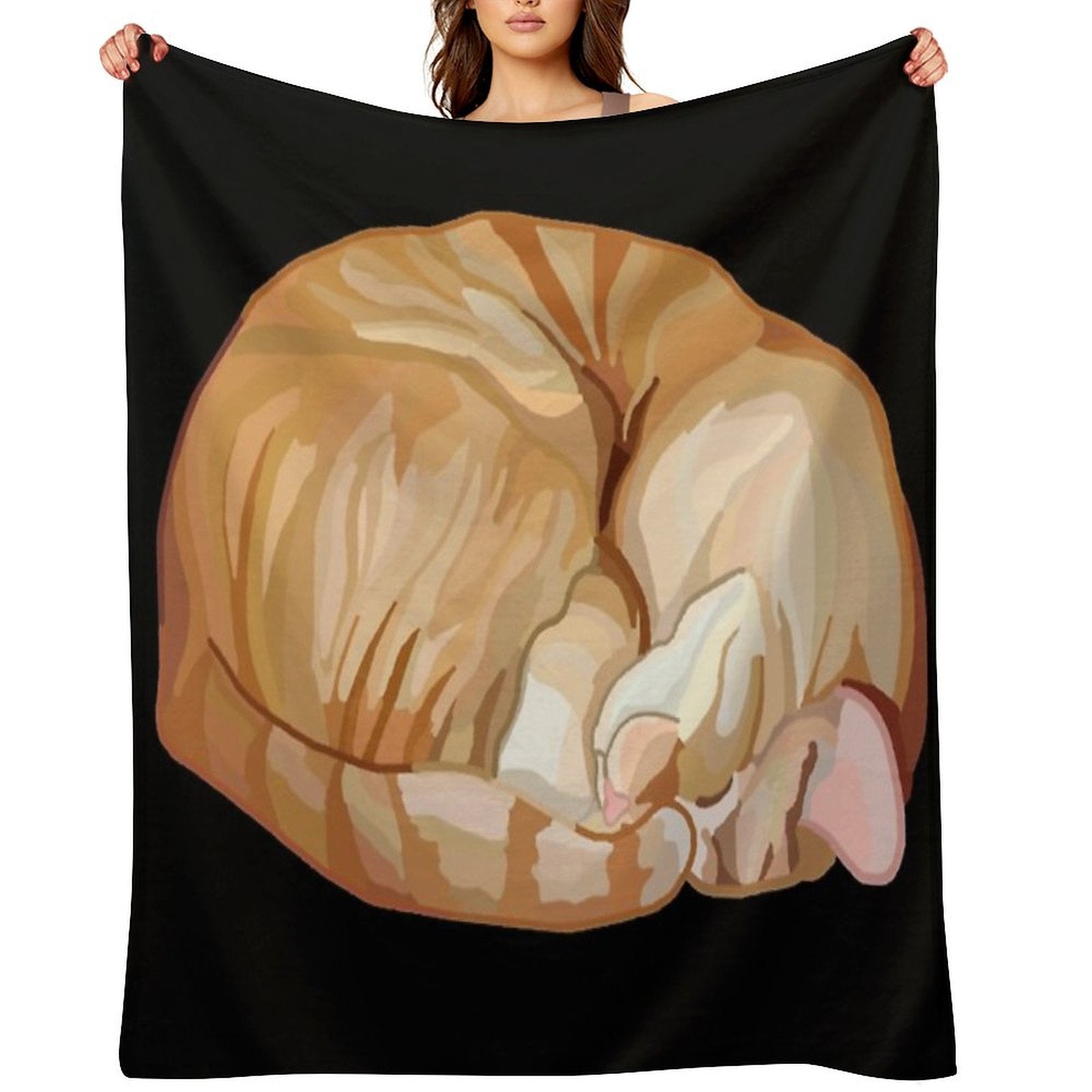 Sleeping Curled Orange Ginger Tabby Cat Eco-conscious Throw Blanket