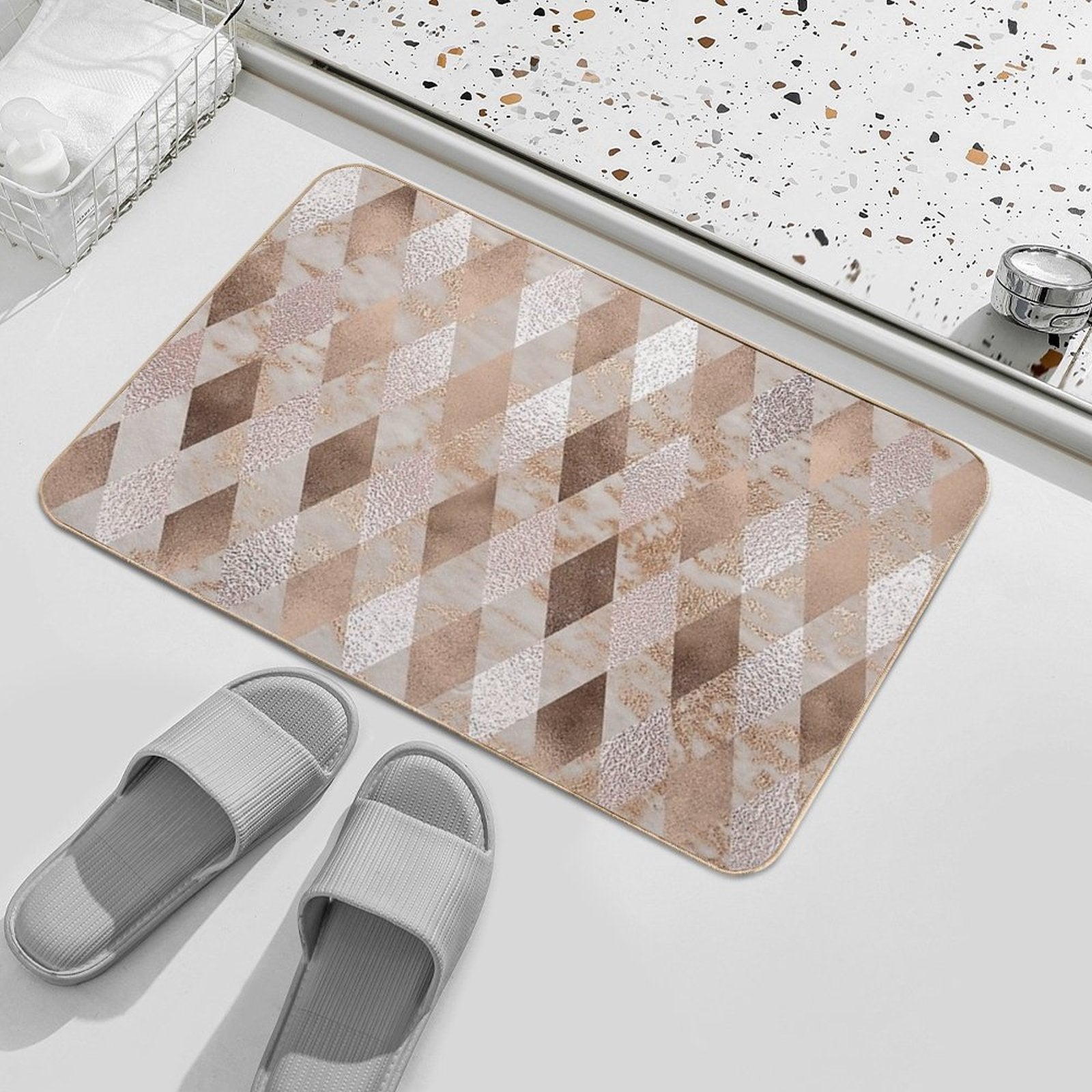Small Copper And Blush Rose Gold Marble Argyle  Stain-Proof Bath Mat