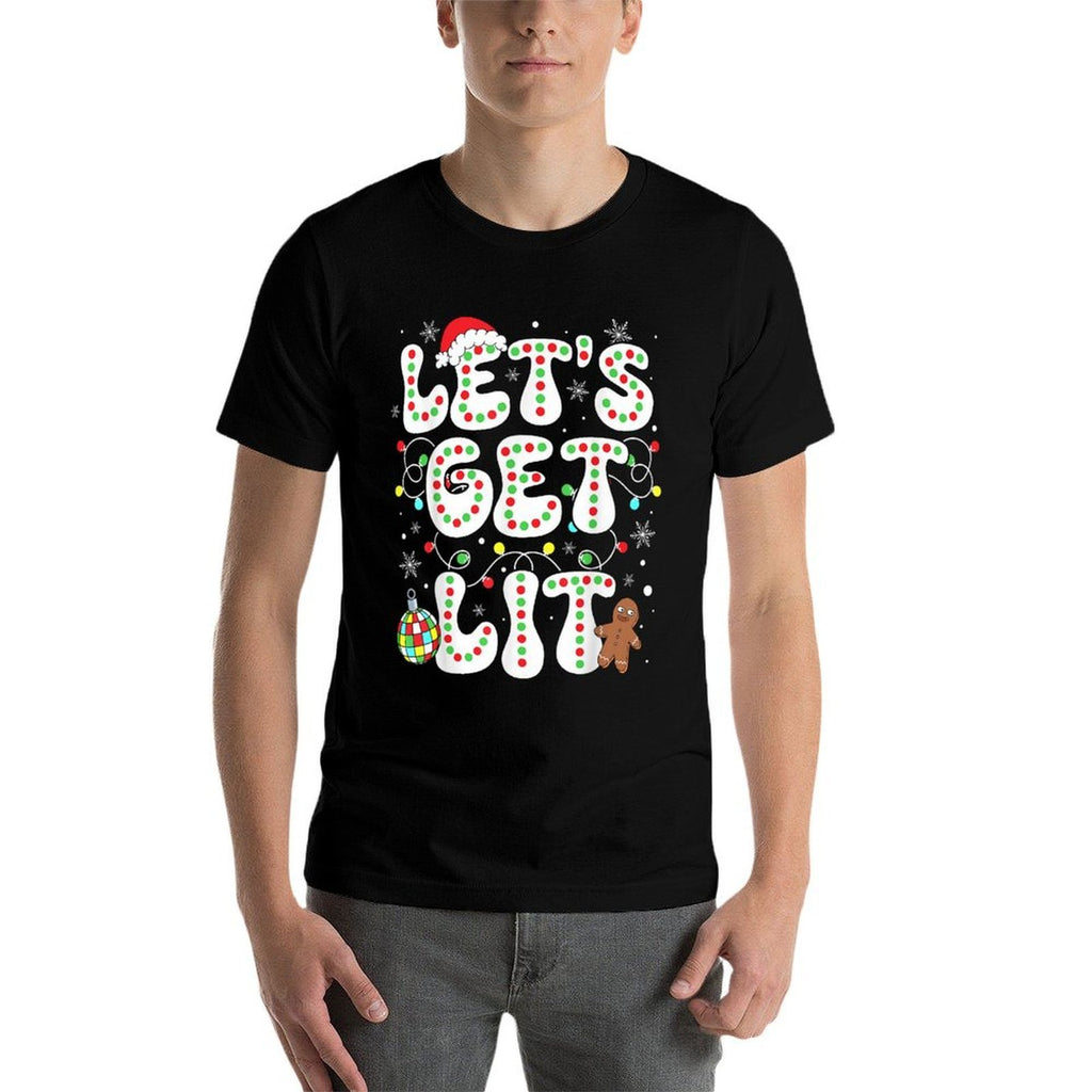 Lets Get Lit Funny Christmas Lights Xmas Pajamas Holiday  Rolled Sleeves T-Shirt
