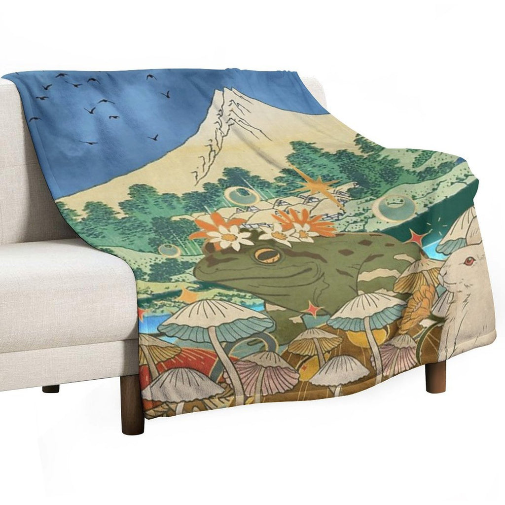 Mystic Fuji Frog And Rabbit in A Dreamscape Premium Throw Blanket