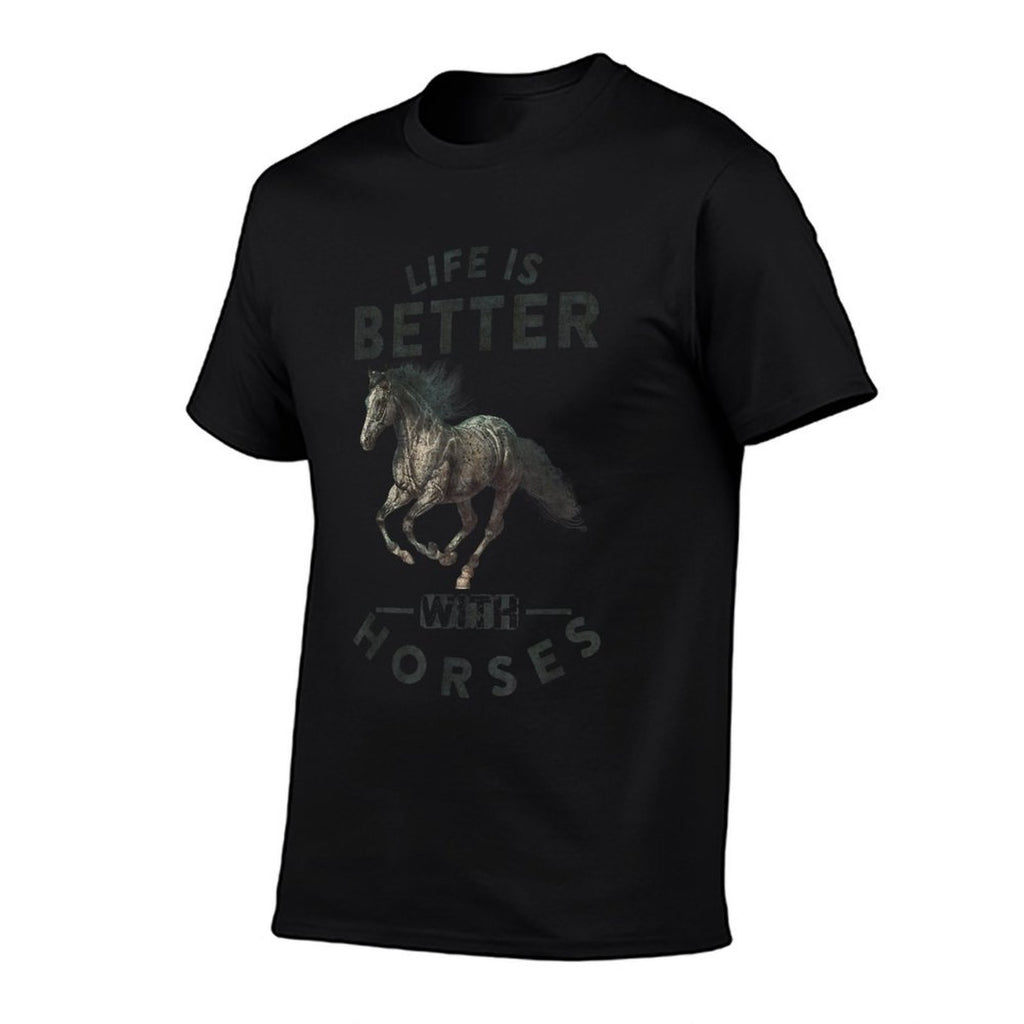 Life Is Better With Horses Funny Horseback Riding - Unisex-Adults, Grey, Small,,, Letter Print, Crew Neck, Classic Fit, Pull On,  Eco-friendly Material T-Shirt