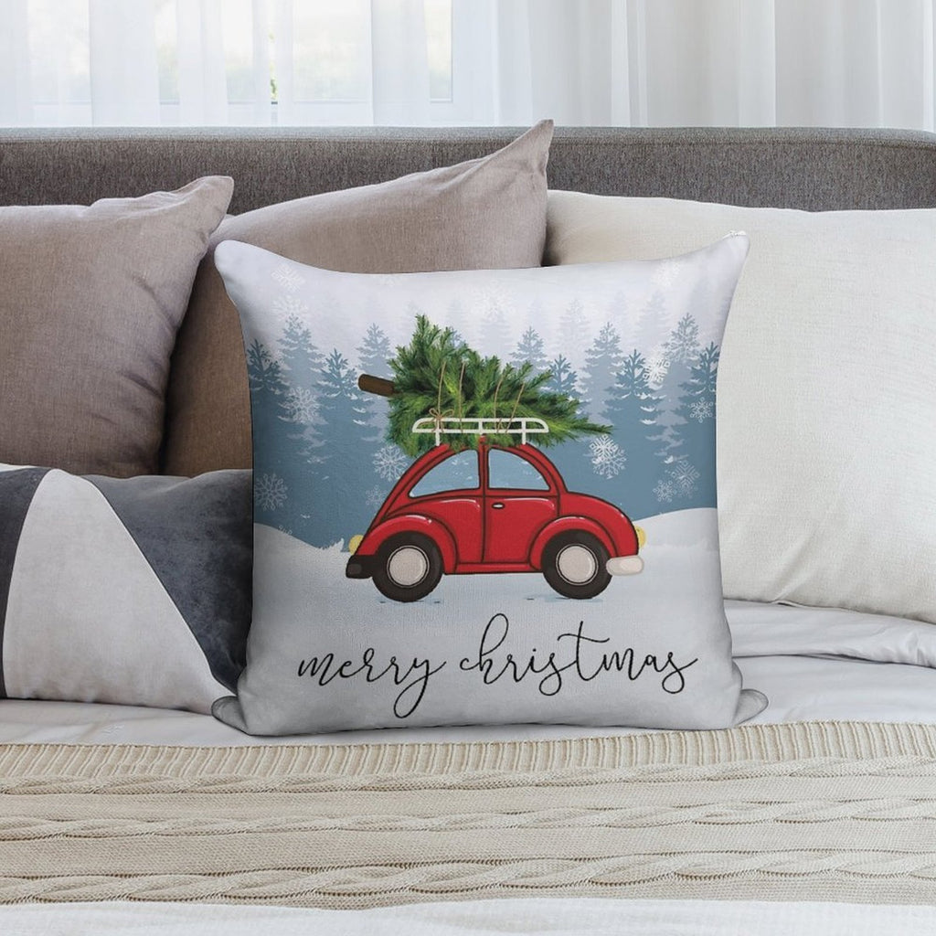 Red Car with Christmas Tree on Roof Soft Home Decor Throw Pillow