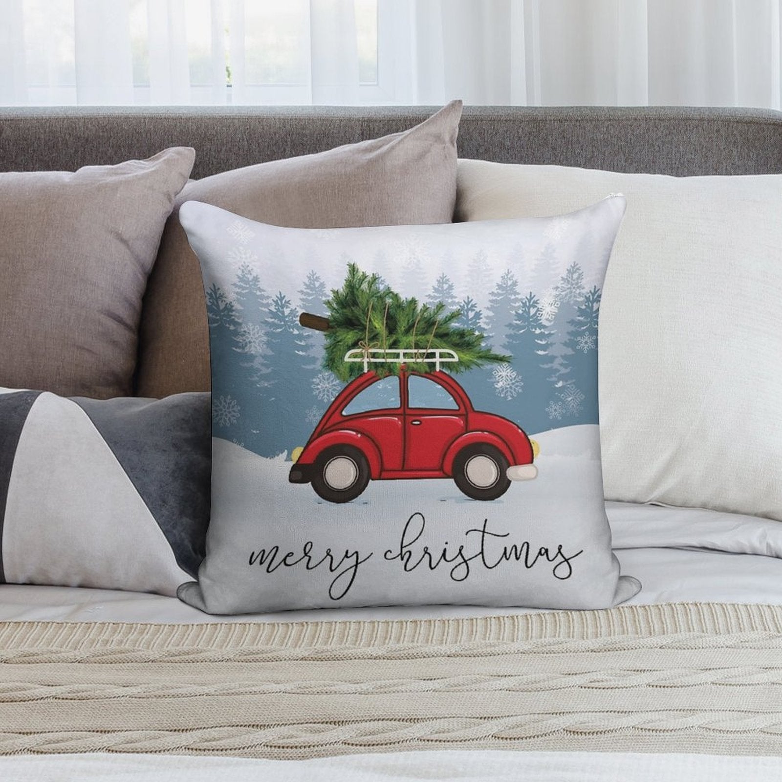 Red Car with Christmas Tree on Roof Soft Home Decor Throw Pillow