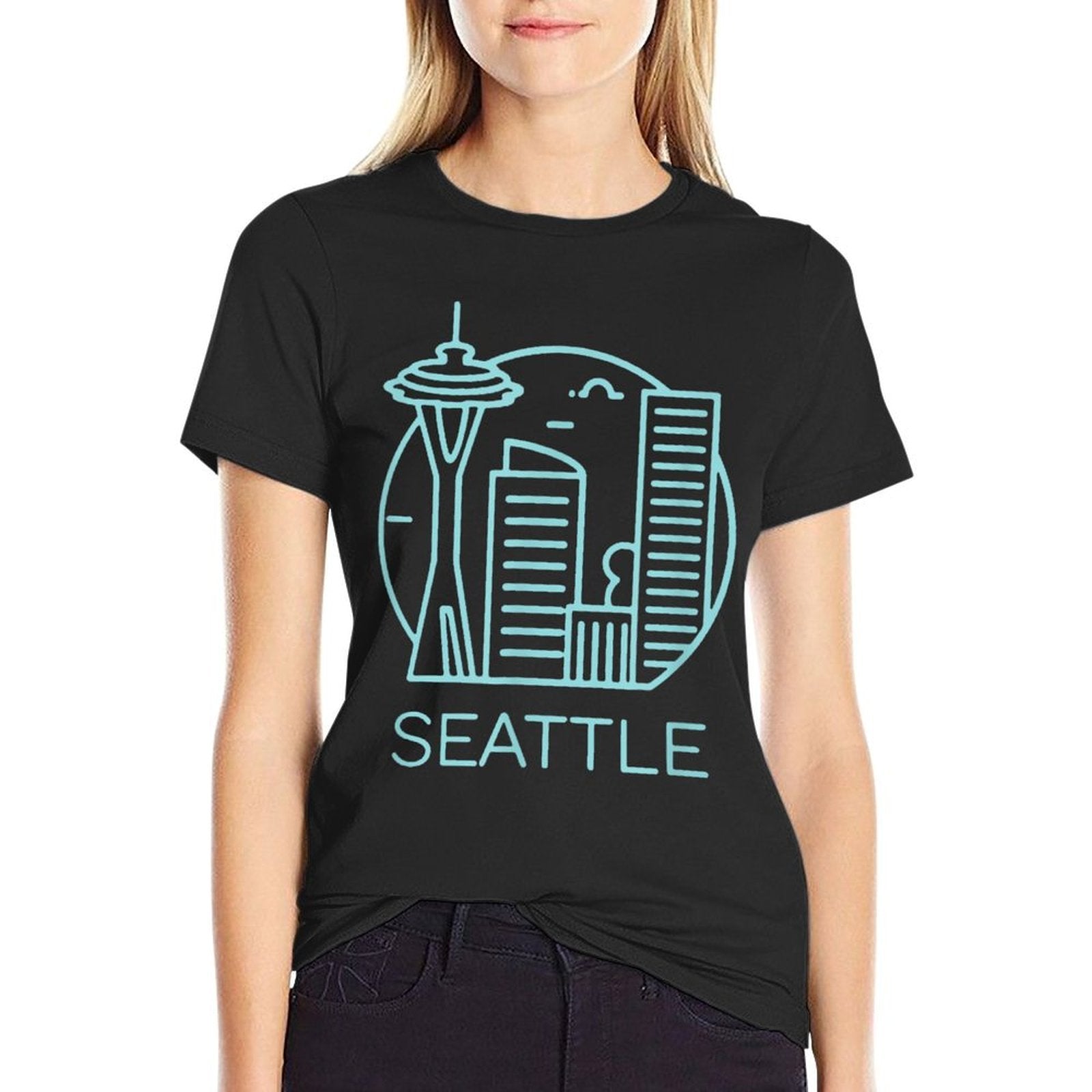 Simple Seattle Downtown Cityscape Emerald Color  Easy-care T-Shirt