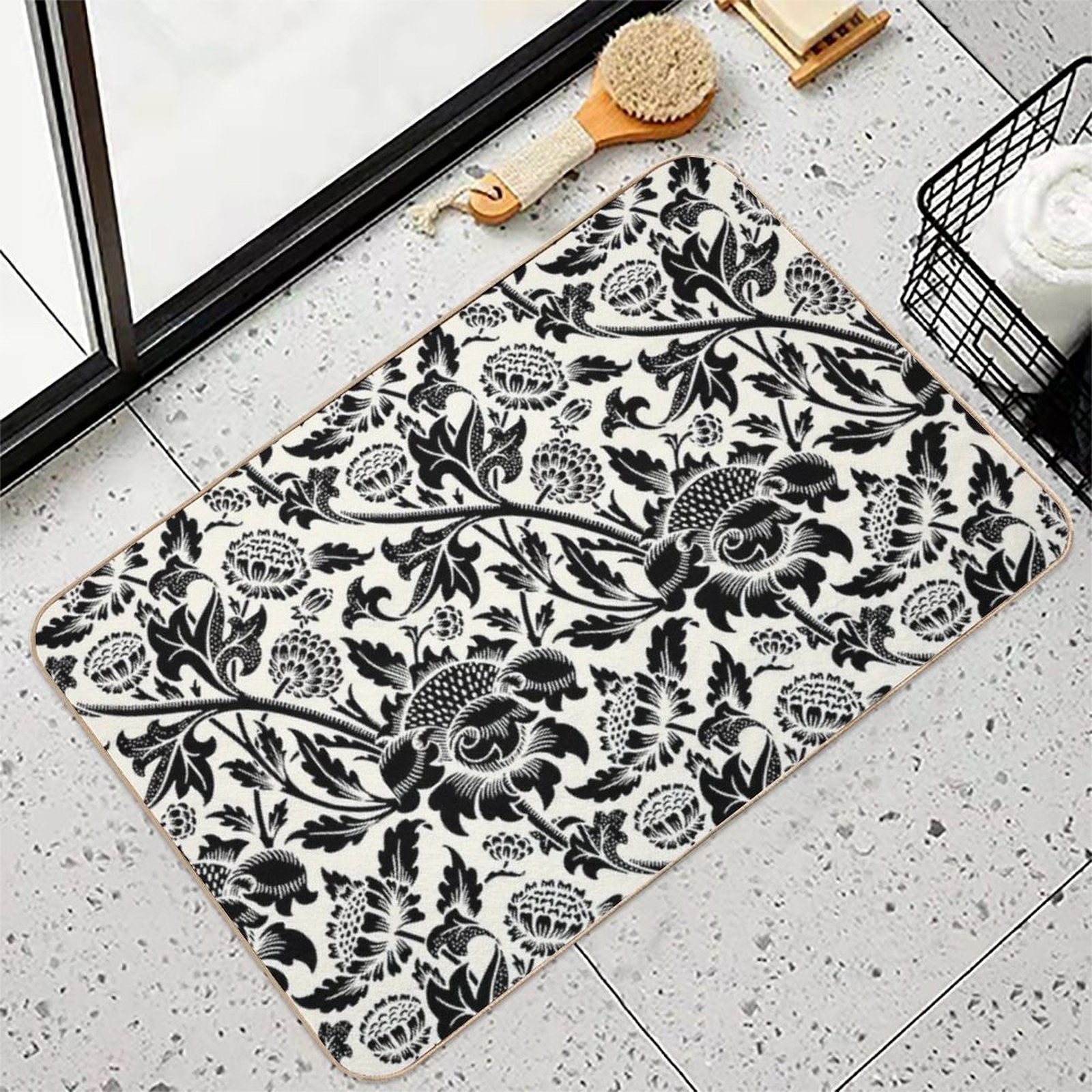 Vintage Flower Ornament Botanical, Black And Cream Durable Bath Mat
