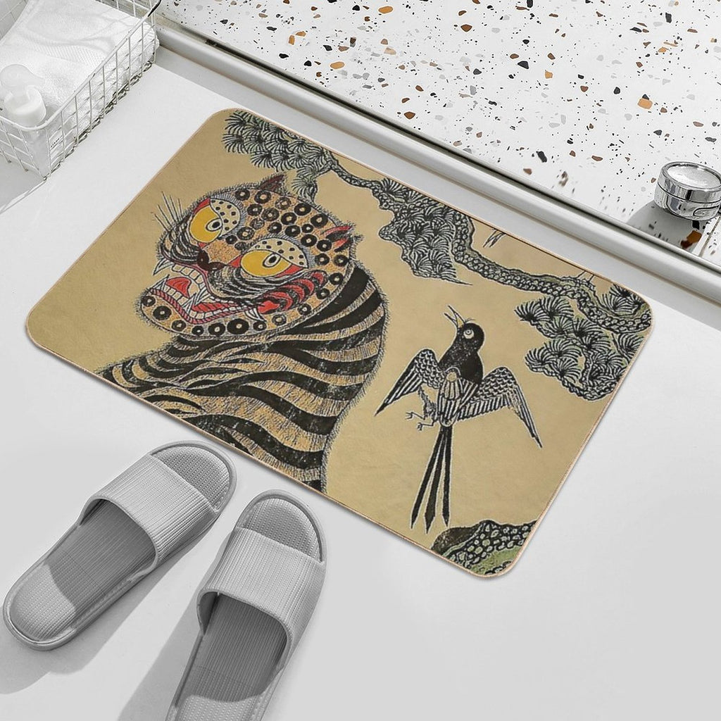 Striped Vintage Minhwa Tiger And Magpie  Dirt-Trapping Bath Mat