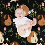 Guinea Pig And Flowers - Black Machine-washable Throw Blanket