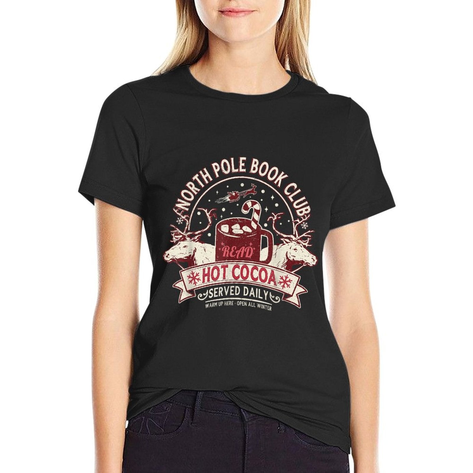 North Pole Book Club Hot Cocoa Reindeer Librarians Christmas  High-quality Stitching T-Shirt