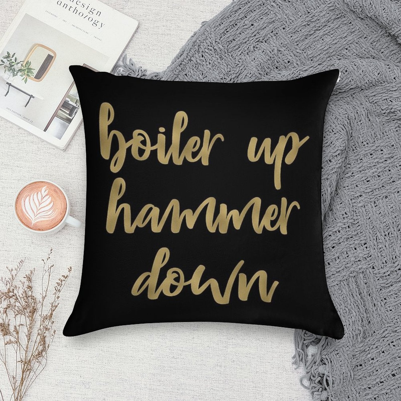 Boiler Up Hammer Down Purdue Gold Foil Soft Decorative Cover Throw Pillow