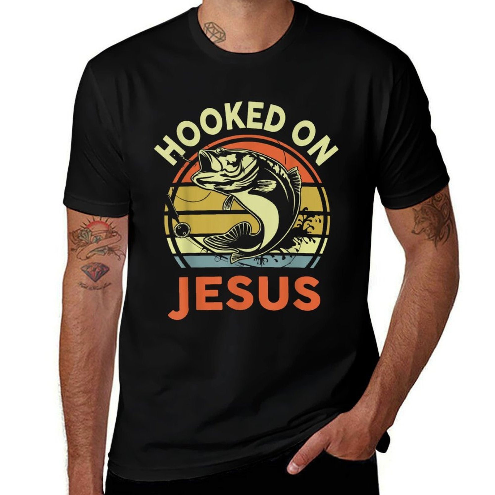 Mens Hooked on Jesus Christian Funny I You Love Bass Fishing  Breathable T-Shirt