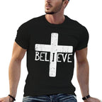 I Believe Cross God Jesus Faith Christian Men Women Kids  Ribbed Collar T-Shirt