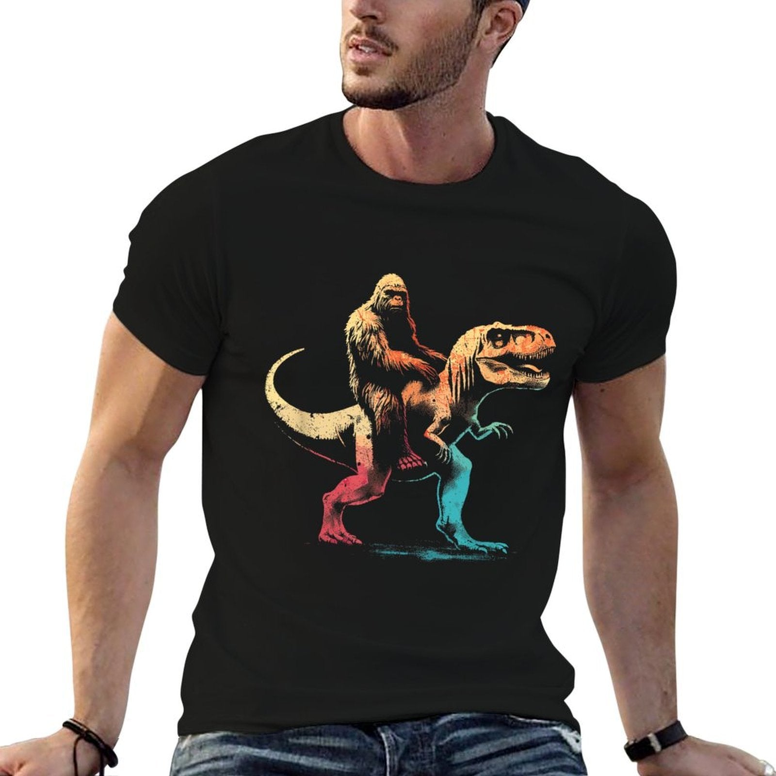 Bigfoot Riding A T-Rex - Funny Graphic Dino Sasquatch Lover  Oversized Silhouette T-Shirt