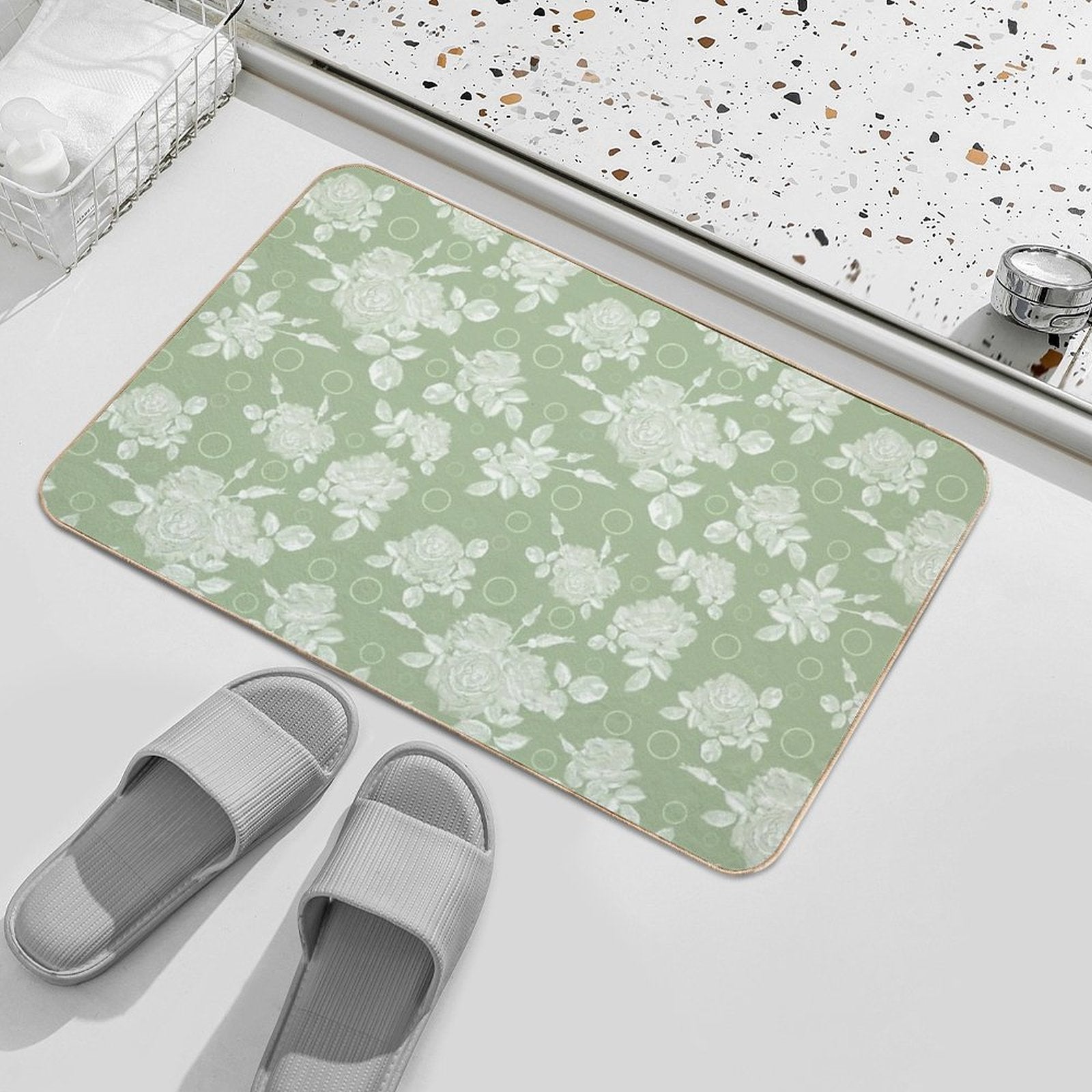 Bouquet of Roses on A Bright Green Retro Background  Stain-Proof Bath Mat