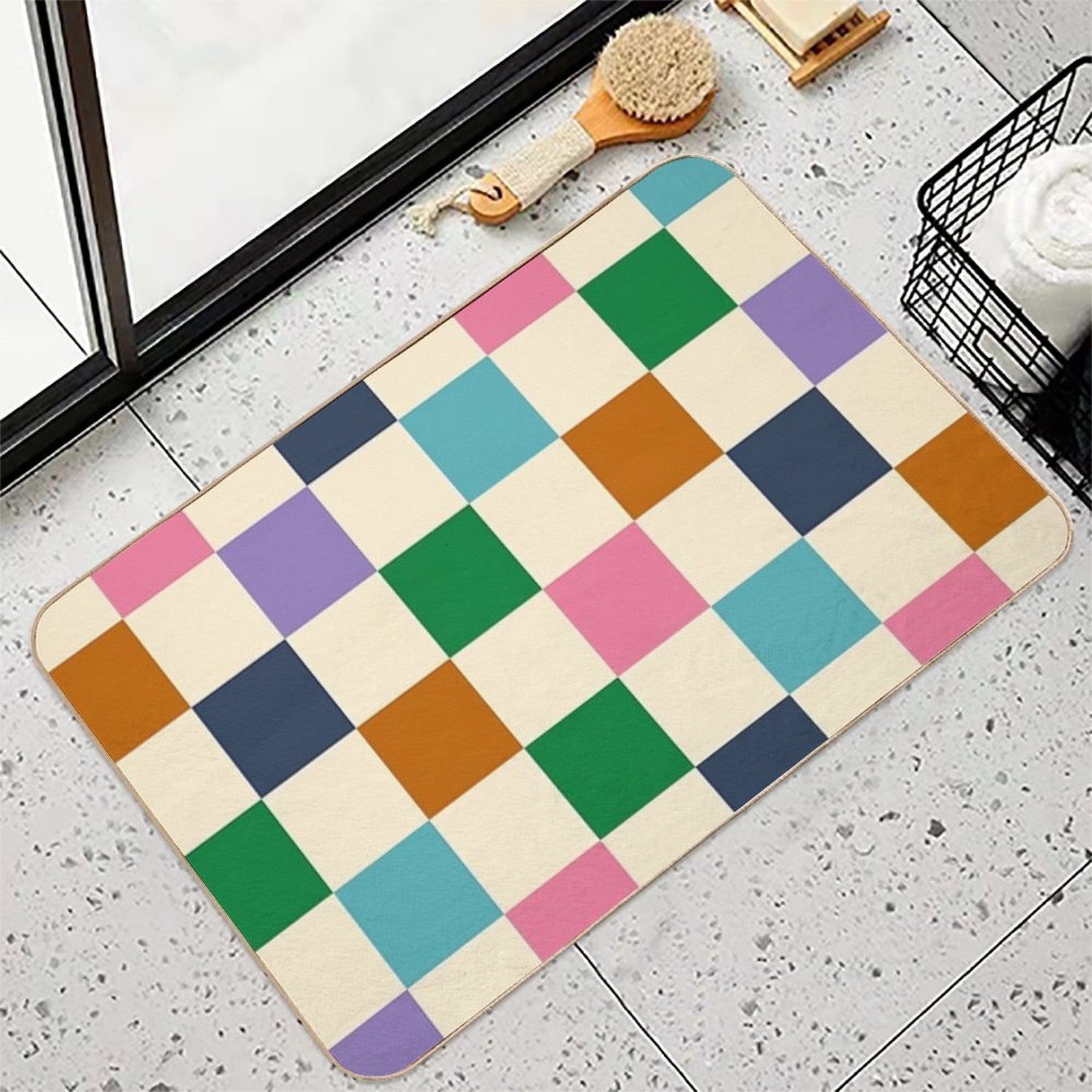 Colorful Squares Green Violet  Eco-Friendly Bath Mat