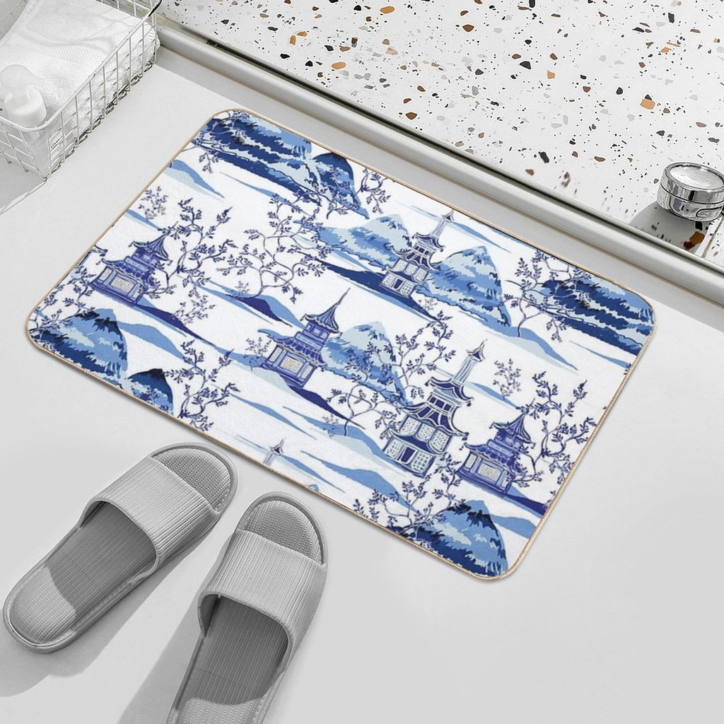 Chinese Pagodas And Mountains in Vintage Blue  Toxin-Free Bath Mat
