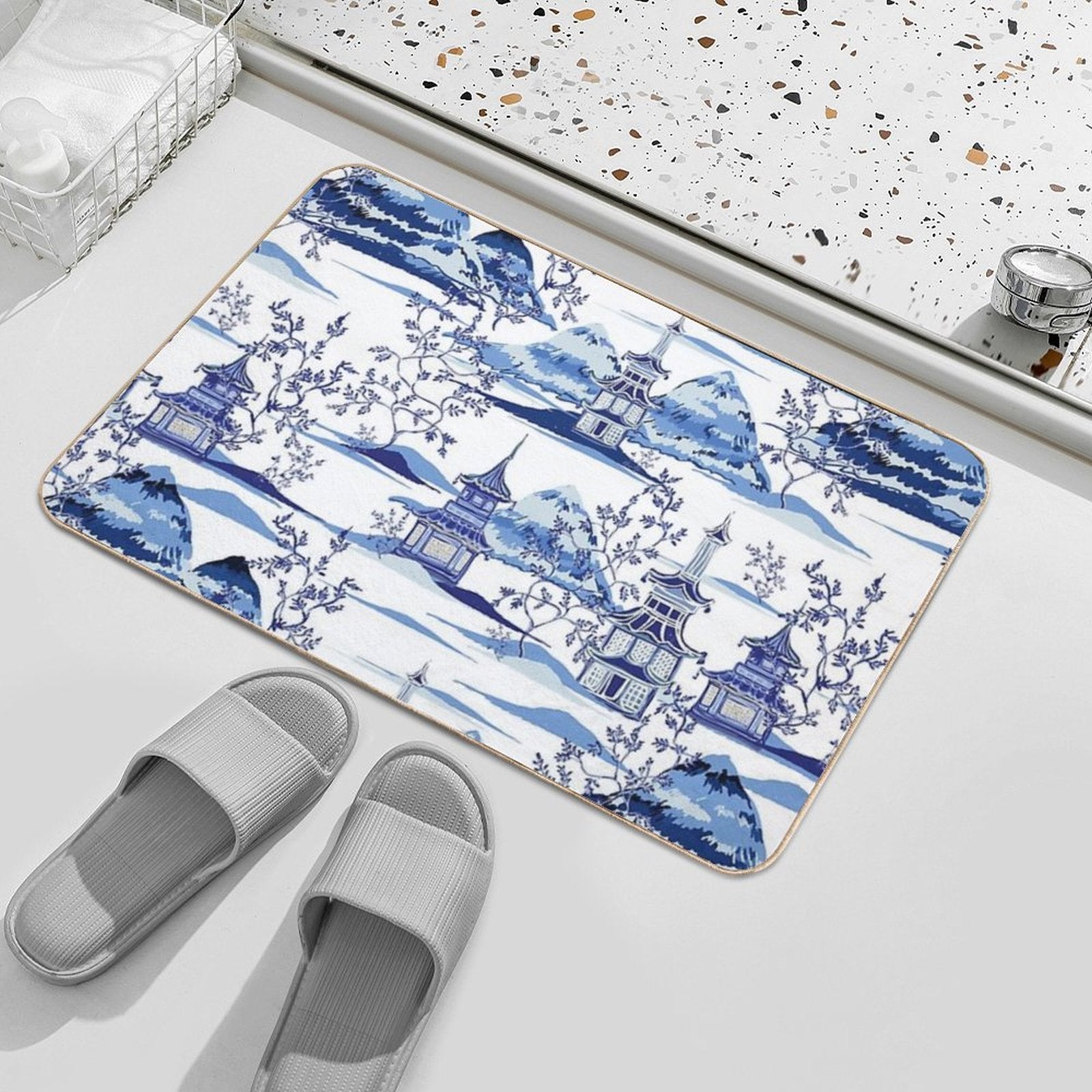 Chinese Pagodas And Mountains in Vintage Blue  Toxin-Free Bath Mat
