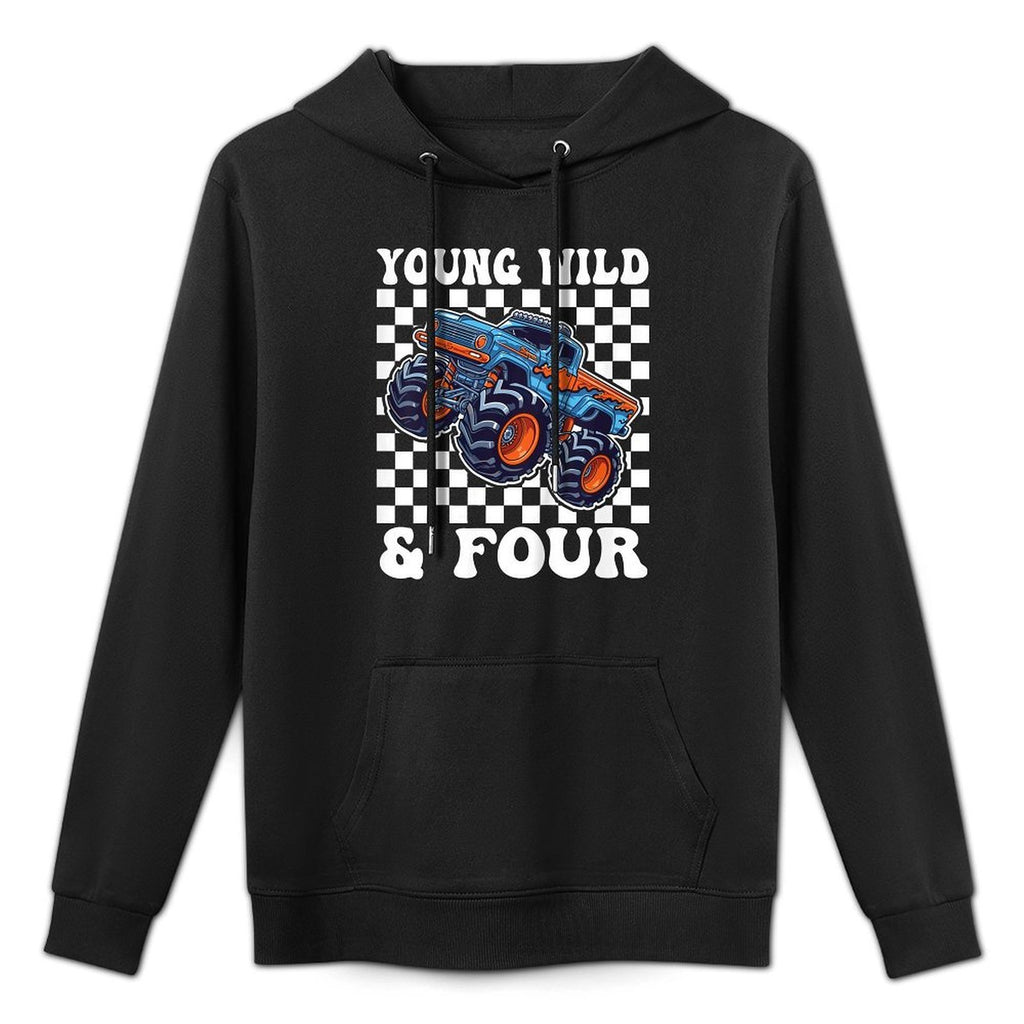 Kids 4th Birthday Monster Truck Young Wild And Four 4 Year Colorfast Hoodie