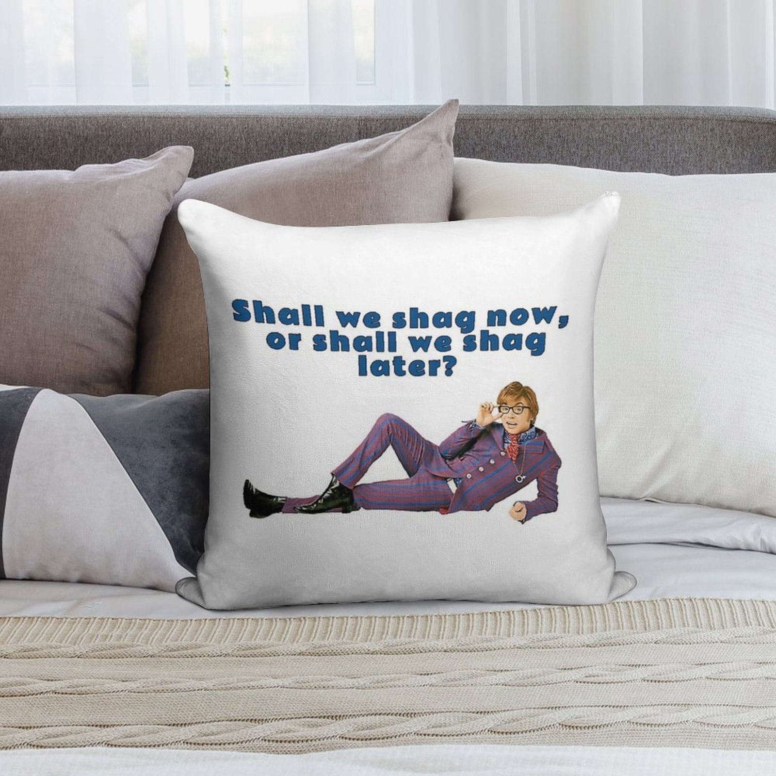 Austin Powers, Shall We Shag Now, Or Shall We Shag Later Soft Short Plush Fabric Throw Pillow