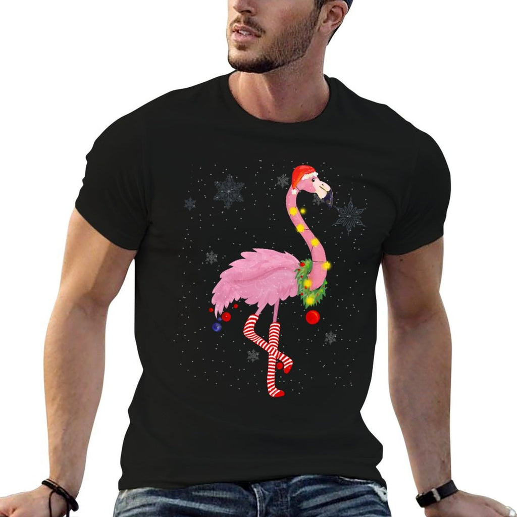 Cute Pink Flamingo with Snow, Lights And Santa Hat Christmas  Oversized Silhouette T-Shirt