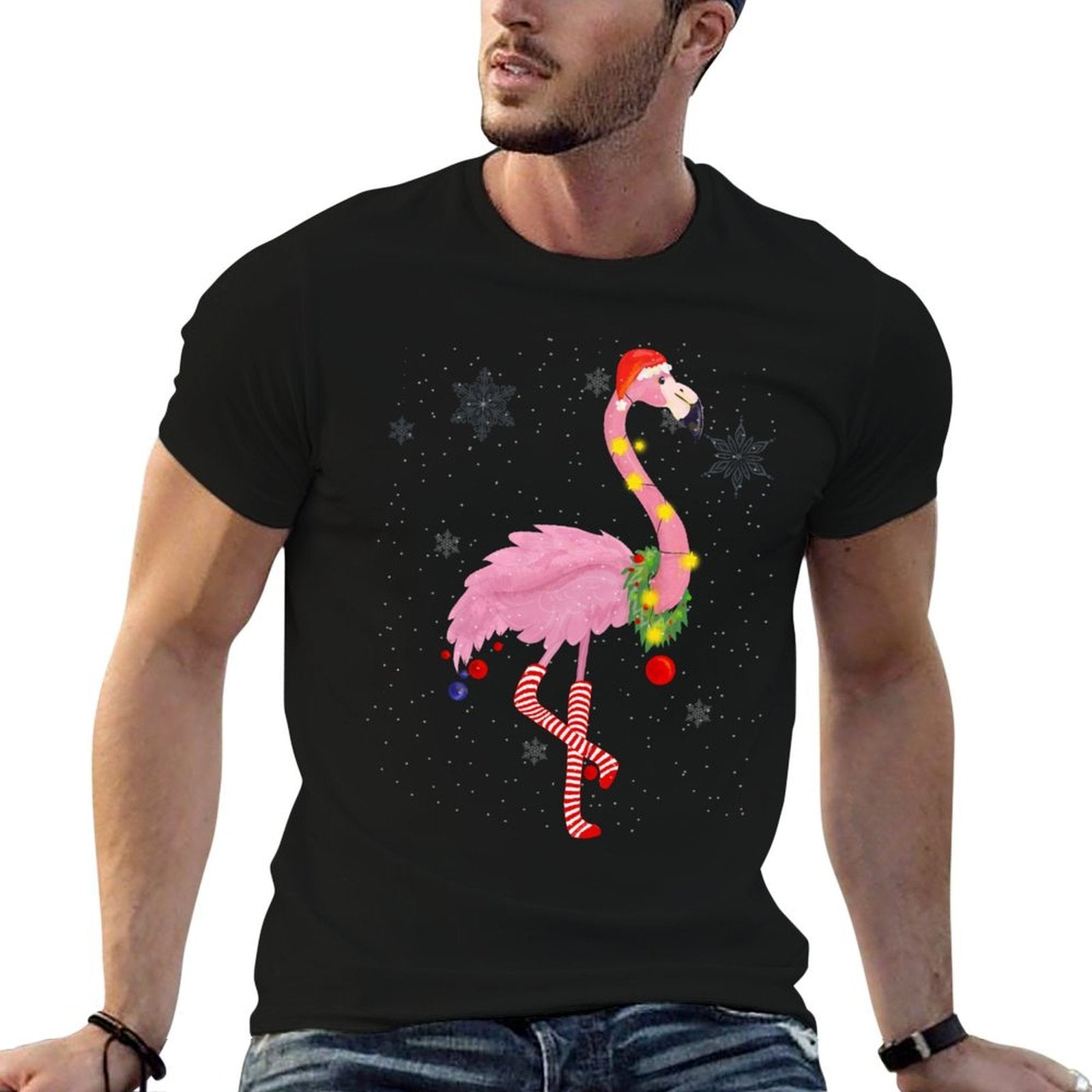 Cute Pink Flamingo with Snow, Lights And Santa Hat Christmas  Oversized Silhouette T-Shirt