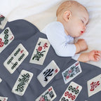 Mahjongg Game Tiles Design on Blue Color Wrinkle-free Throw Blanket