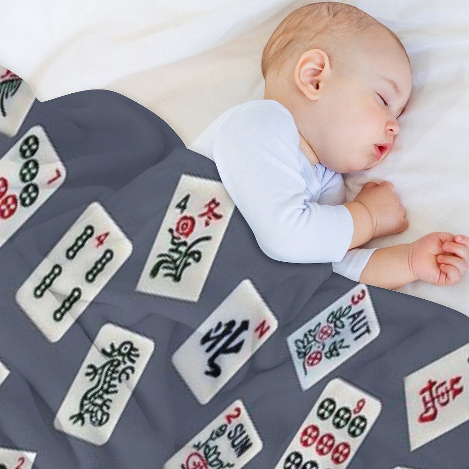 Mahjongg Game Tiles Design on Blue Color Wrinkle-free Throw Blanket