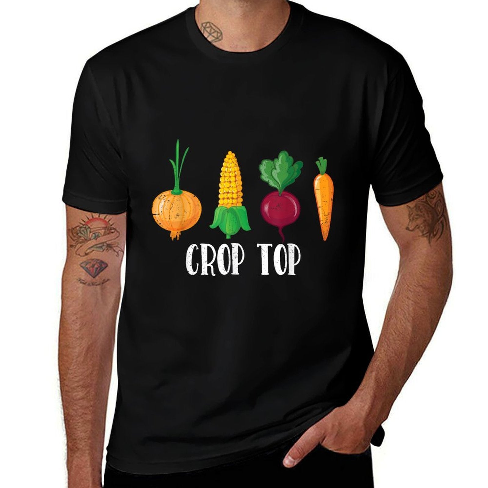 Crop Top Funny Farming Root Vegetable Gardening Farmer  Rolled Sleeves T-Shirt