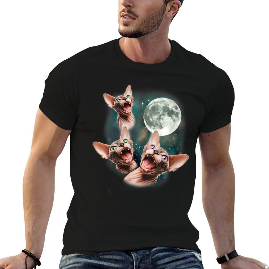 Womens Three Sphynx Moon  3 Hairless Cats Howling Cursed Wolf Meme  Stretchy T-Shirt